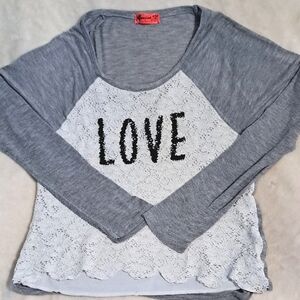 Love Graphic Lace Top - Gray and White